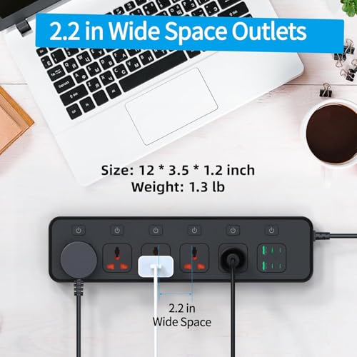 Power Strip with Individual Swtich, 6ft Extension Cord with 5 Universal Outlets and 6 USB (4 USB C), Max 3000w, 110-240v, Multiple Outlets Plug Adapter for Office Travel, UK Plug, Black - size: UK Plug