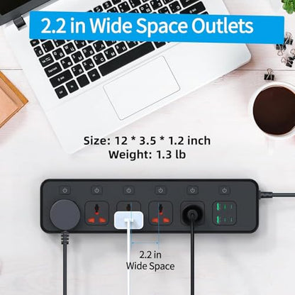 Power Strip with Individual Swtich, 6ft Extension Cord with 5 Universal Outlets and 6 USB (4 USB C), Max 3000w, 110-240v, Multiple Outlets Plug Adapter for Office Travel, UK Plug, Black - size: UK Plug