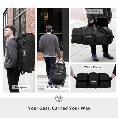 STOVER 45/80/100L Rolling Duffel Bag with Wheels, Large Durable Travel Duffle + Toiletry Bag, Heavy Duty, Packable with Shoulder Straps- Use as Luggage or Backpack, Men/Women (Black) - color: Black
