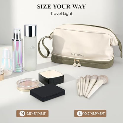 Travel Makeup Bag, Double Layer Cosmetic Bag for Women, Beige Olive - color: Beige & Olive Green, size: Large