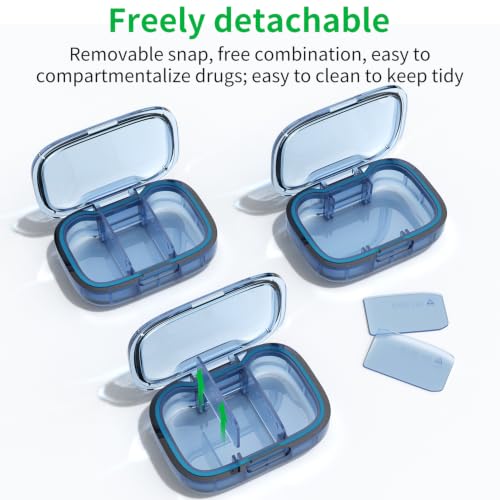 2 Pack 3 Compartment Small Pill Box, Moisture Proof Pill Case, Pill Organizer for Pocket Purse, Daily Portable Medicine Vitamin Box (Blue+Black) - color: Blue+black