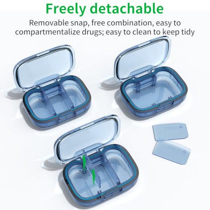 2 Pack 3 Compartment Small Pill Box, Moisture Proof Pill Case, Pill Organizer for Pocket Purse, Daily Portable Medicine Vitamin Box (Blue+Black) - color: Blue+black