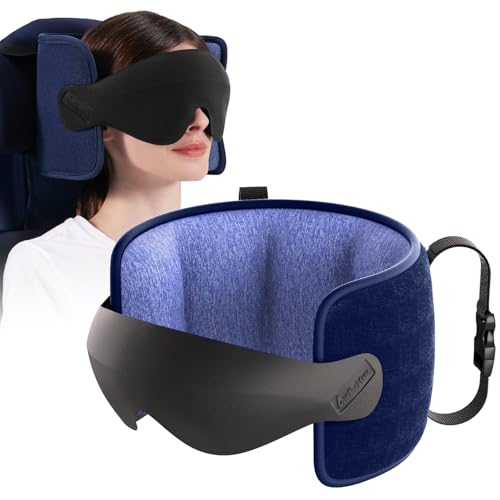 Travel Pillow for Airplanes Head Strap Support, 3D Eye Mask | 360 Airline Sleep Support Headrest Pillow No Bobbing Head Sleeping Aid Travel Essentials Long Flights/Car/Trip Faded Blue - color: Faded Blue