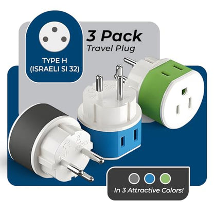 OREI Israel, Palestine Power Plug Adapter with 2 USA Inputs - Travel 3 Pack - Type H (US-14) Safe Grounded Use with Cell Phones, Laptop, Camera Chargers, CPAP, and More - style: Type H-Israel,Palestine