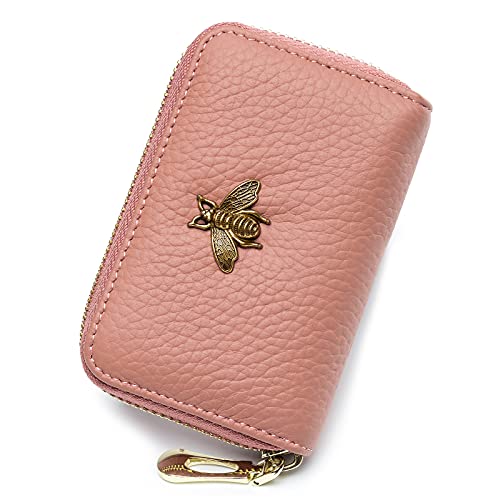 imeetu RFID Credit Card Holder, Small Card Wallet Women, Leather Card Case | Genuine Leather Women's Card & id Cases, Change Coin Purse with Zipper Keychain id Window, 20 Colors & 3 Styles, Daily, Gifts - color: Lite - Coral Pink, size: Lite