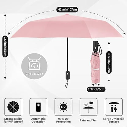 Yoobure Windproof Automatic Travel Umbrella, Compact Folding UV Sun & Rain - color: Coral Pink