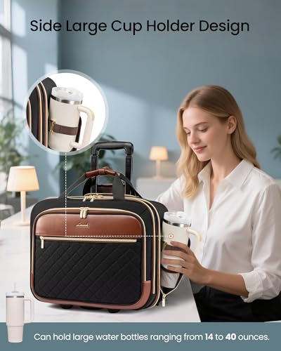 LOVEVOOK Rolling Laptop Bag for Women, Underseat Carry On Bag with Wheels - color: Black-brown