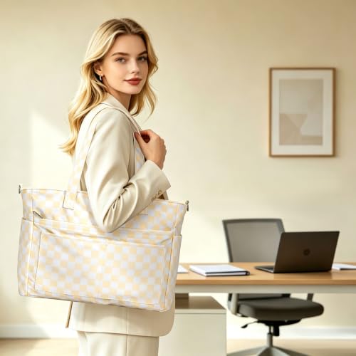 oscaurt Work Tote Bag for Women, 19 Pockets Laptop Tote, Large Teacher Tote - color: Beige Checkered