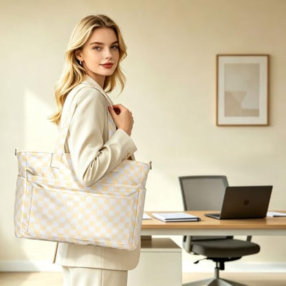 oscaurt Work Tote Bag for Women, 19 Pockets Laptop Tote, Large Teacher Tote - color: Beige Checkered