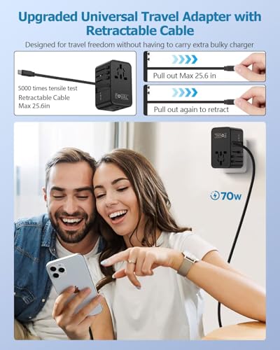 FOVAL 유럽 여행용 플러그 어댑터, 접이식 USB C 케이블이 있는 범용 여행용 어댑터, 유럽 이탈리아 영국 미국 AUS (70W) 용 올인원 국제 전원 어댑터 - size: 70W