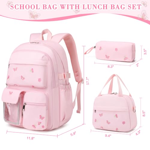 ACESAK 3PCS Embroidered Girls Backpack with Lunch Bag Set,Pink Batterfly - color: Pink Butterfly