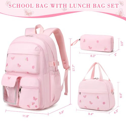 ACESAK 3PCS Embroidered Girls Backpack with Lunch Bag Set,Pink Batterfly - color: Pink Butterfly