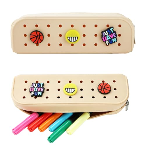 1 Pack Silicone Pen Case Makeup Brush Holder Soft Portable Cosmetic Brush Bag with DIY Holes and 3 Charms(Random) for Travel Home (Beige) - color: Beige
