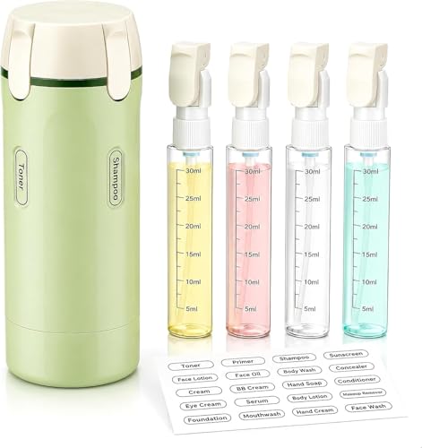 4-in-1 Leak Proof Travel Dispenser Bottle Set, TSA Approved Refillable Toiletry Containers for Shampoo & Lotion