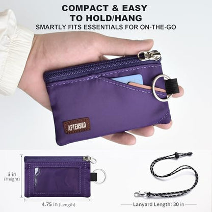 RFID 차단 여행용 지갑, 조절 가능한 랜야드 포함, 작은 나일론 지퍼 파우치 및 신분증, 신용 카드, 현금, 열쇠, 통근자용 배지 홀더, 딥 퍼플, 끈이 달린 RFID 차단 여행용 지갑 - color: 딥 퍼플