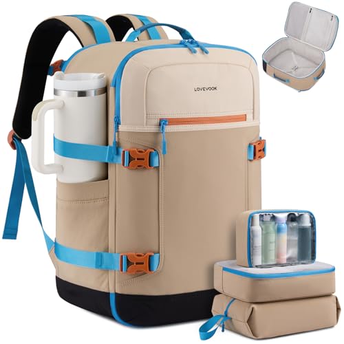 LOVEVOOK 40L Travel Backpack for Women & Men, Airline Approved Carry On Backpack with 3 Packing Cubes, TSA Personal Item Bag, Waterproof Weekender Overnight Backpack Fits 17" Laptop - color: Light Khaki - Khaki - Black, size: Large-40L-4Pcs