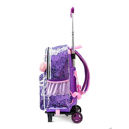 Meetbelify Girls Rolling Backpack Sequin Rolling Backpacks with Wheels for Girls for Elementary School Bag - color: A Purple Love