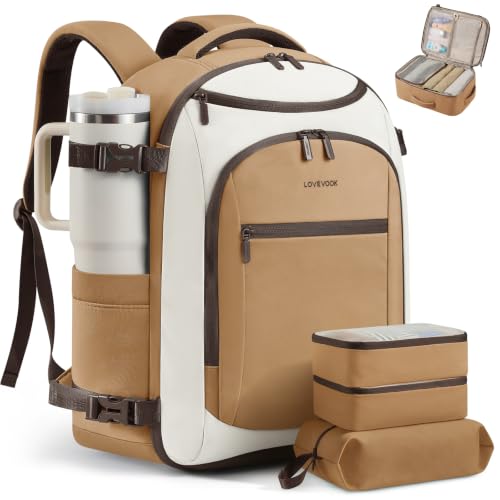LOVEVOOK 40L Travel Backpack for Women & Men, Airline Approved Carry On Bag - color: Camel/Off-white, size: Large-40L