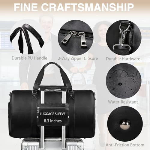 3‑PCS Leather Duffle Bag for Travel, Weekender Overnight Gym Bag Men Women - color: Black