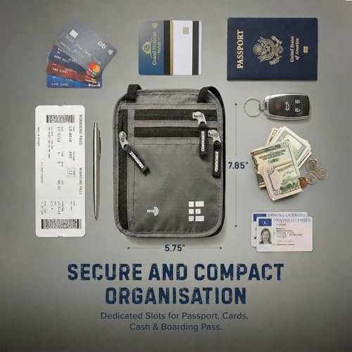 Zero Grid RFID Travel Neck Wallet, Large Passport Holder, Light Grey - color: Light Grey, size: Solo/Couple