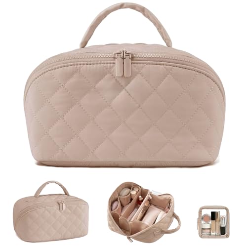 Travel Makeup Bag for Women,Large Capacity Waterproof Makeup Organizer, Open Flat Toiletry Bag for Toiletries(Light Brown)