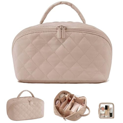 Travel Makeup Bag for Women,Large Capacity Waterproof Makeup Organizer, Open Flat Toiletry Bag for Toiletries(Light Brown)