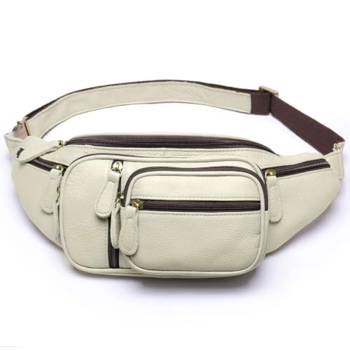 Genuine Leather Fanny Pack large capacity Crossbody Waist Bag with Zipper phone Pockets white - color: White