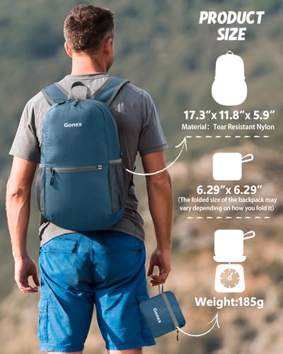 Gonex Packable Daypack Backpack 20L Lightweight Foldable Travel Bag - color: Grey Blue
