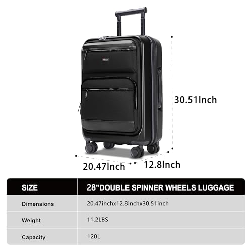28 Inch Luggage with Spinner wheels, Expandable Hybrid Soft Front & Hard Shell Large Checked Luggage with TSA Lock, Black - color: Black, size: 28 Inch