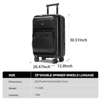 28 Inch Luggage with Spinner wheels, Expandable Hybrid Soft Front & Hard Shell Large Checked Luggage with TSA Lock, Black - color: Black, size: 28 Inch