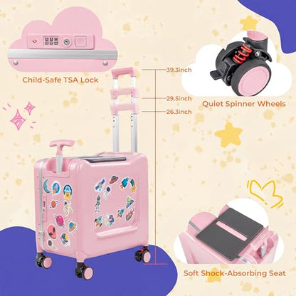 20" Ride-On Suitcase for Kids Lightweight Carry-On Luggage with Detachable Seat&Dual Telescoping Handles&360°Silent Spinner Wheels & TSA Lock - color: Pink