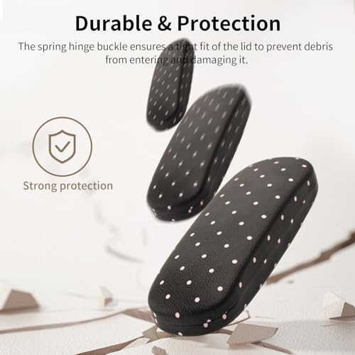 Glasses Case Hard Shell, Cute Sunglasses Case for Women Leather Protective Case for Eyeglass with Cleaning Cloth - color: Black Pink Polka Dot
