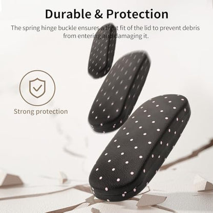 Glasses Case Hard Shell, Cute Sunglasses Case for Women Leather Protective Case for Eyeglass with Cleaning Cloth - color: Black Pink Polka Dot