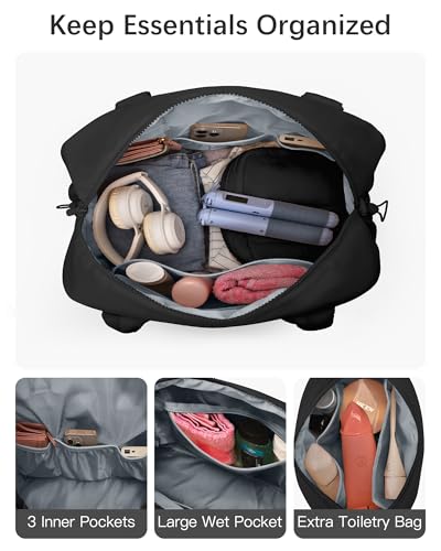 oscaurt Gym Bag for Women Lightweight Duffle Bag for Travel with Toiletry Pouch Water Resistant Carry On Weekender Overnight Duffel - color: Black-Set
