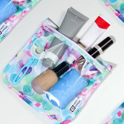 HIONXMGA Set of 3 Clear Travel Toiletry Bag, TSA Approved, Quart Size S/M/L - color: Watercolor, Mixed Sizes