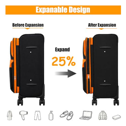 Softside Carry On Luggage Set & Spinner Wheel, Expandable Travel Suitcase - color: Black-Orange