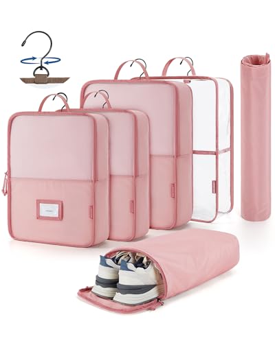 BAGSMART Hanging Packing Cubes for Travel, 6 Set Clear Waterproof Packing Cubes for Suitcases, Storage Organizer for Hanging Closet with Zipper, Handles and Hook Baby Pink