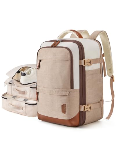 BAGSMART 37L Expandable Travel Backpack Compression Carry On Daypack - color: Khaki White