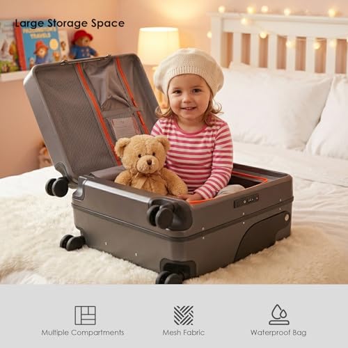 Apellia 20-Inch Carry-on Luggage with Foldable Seat Ride-on Suitcase for Kids 4-8 & Adults, TSA Lock, USB Charger Port, 360 Spinner Wheels, Cabin Approved Expandable Suitcase, Grey - color: Grey