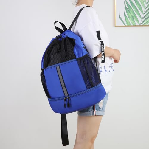 Valleycomfy Drawstring Gym Bag Sports Backpack With Shoe Compartment Blue - color: Royal Blue