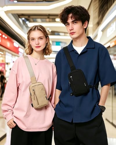 Small Sling Crossbody Bag, Water Resistant Nylon Chest Pack for Travel EDC - color: Beige