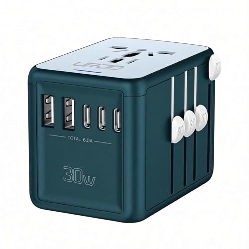 Universal Travel Adapter with 5 USB C/A Ports 30W Fast Charging - color: 3 USB Type C + 2 USB Type A - Turquoise Green
