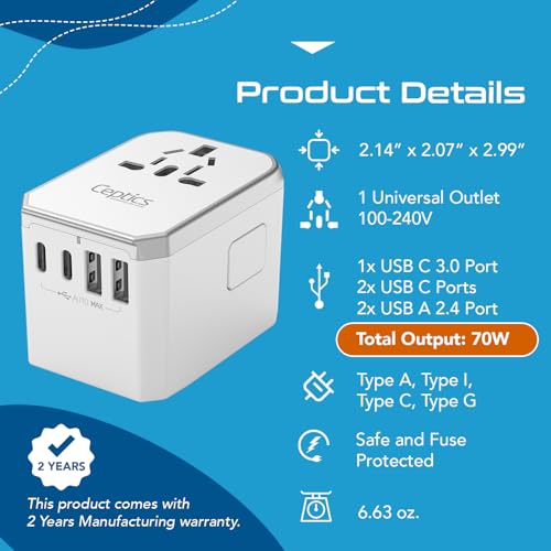 Ceptics Travel Adapter Worldwide, 70W GAN, 2 USB + 3 USB-C, Universal Input - color: White/Grey