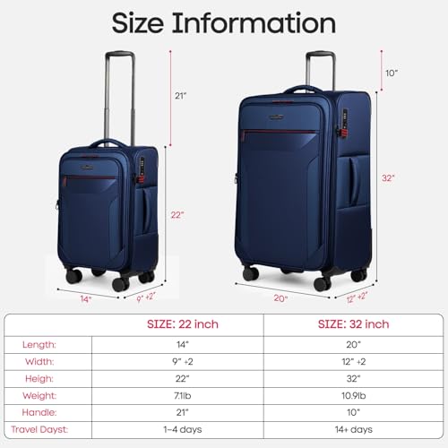 2-Piece Set(22/32in) Upright Spinner Softshell Luggage Sets - color: Navy, size: 2-Piece Set (22 inch/32 inch)