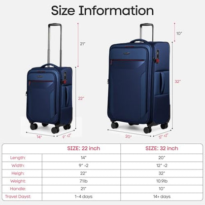 2-Piece Set(22/32in) Upright Spinner Softshell Luggage Sets - color: Navy, size: 2-Piece Set (22 inch/32 inch)