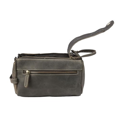 KomalC Buffalo Leather Toiletry Bag for Men & Women, Travel Pouch - color: Charcoal Black