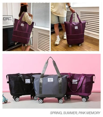 Travel Tote Bag with Trolley Sleeve Expandable Extra Duffel Bag with Wheels Lightweight Traveling Foldable Suitcase - color: Purplish Red