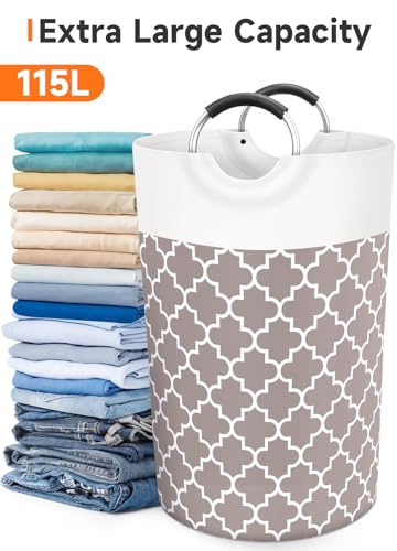 Large Laundry Basket, 115L Tall Collapsible Hamper with Handles, Khaki - color: Khaki, size: 115l