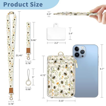 Bee Lanyard Wallet with Id Badge Holder Keychain for Card Women - color: Bee Flower
