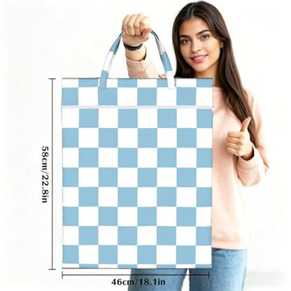 blue and white checkerboard plaid 2-Pack Travel Laundry Bags for Dirty Clothes- Large Waterproof Laundry Tote, Wet & Dry Use, Reusable Foldable Carry Handles for Vacation, Gym & Dorm - color: Blue And Whitecheckerboard Plaid